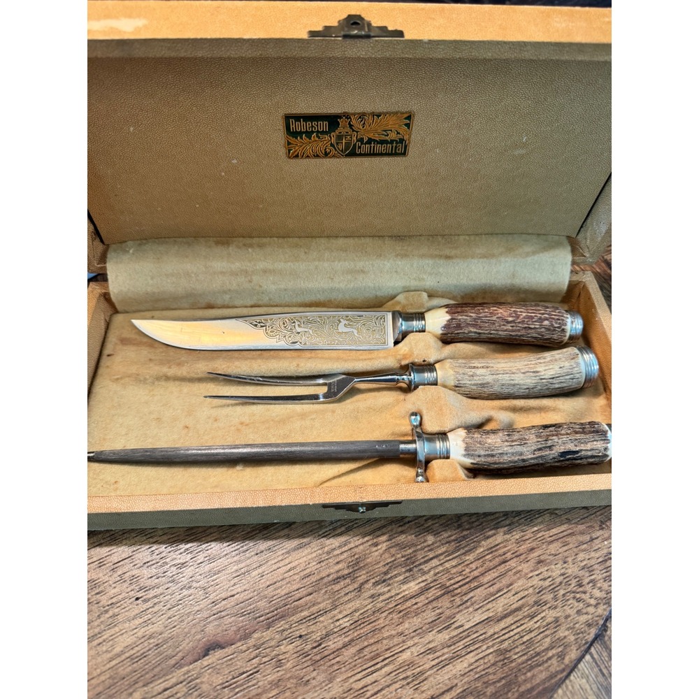 Robeson Continental Vintage Carving Set Stag Horn Handles Germany 3 Piece Etched
